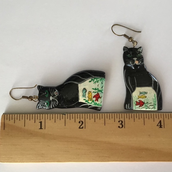 Vintage Cat Earrings Hand Painted Wood Feline Kitty - Picture 4 of 13